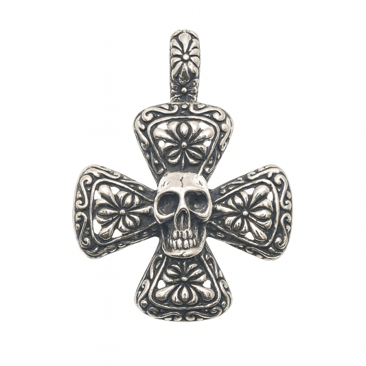 Oxidized 925 Sterling Silver Gothic Skull Cross 32mm Pendant - OXP00072