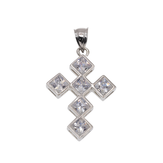 Rhodium Plated 925 Sterling Silver Cross with Princess-Cut CZ Stones Pendant  - OXP00075