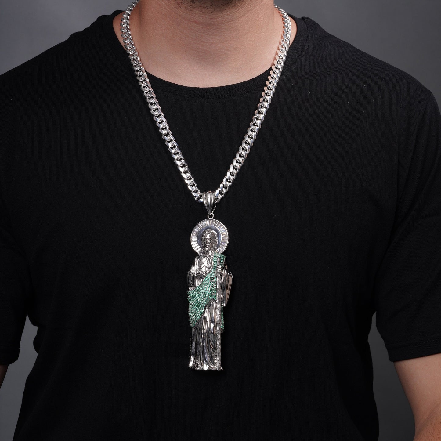 Rhodium Plated 925 Sterling Silver Saint Jude Clear Baguette and Green Round CZ 43.5mm x 139.2mm Pendant - GMP00192