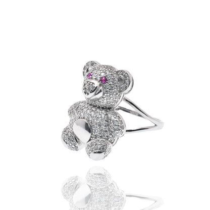 Rhodium Plated 925 Sterling Silver Teddy Bear Red and Clear CZ 17mm x 22mm Ring - PAR00447