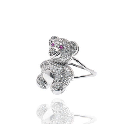 Rhodium Plated 925 Sterling Silver Moissanite or CZ Teddy Bear Ring - MGMR00447 | GMR00447