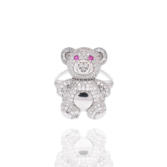 Rhodium Plated 925 Sterling Silver Teddy Bear Red and Clear CZ 17mm x 22mm Ring - PAR00447