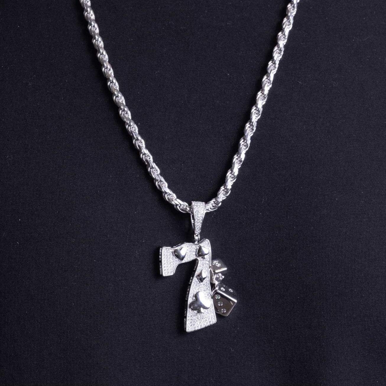 Rhodium Plated 925 Sterling Silver CZ Lucky 7 Hip Hop Pendant - SLP00259