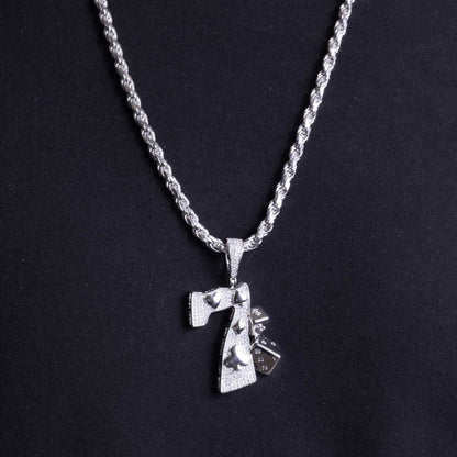 Rhodium Plated 925 Sterling Silver CZ Lucky 7 Hip Hop Pendant - SLP00259