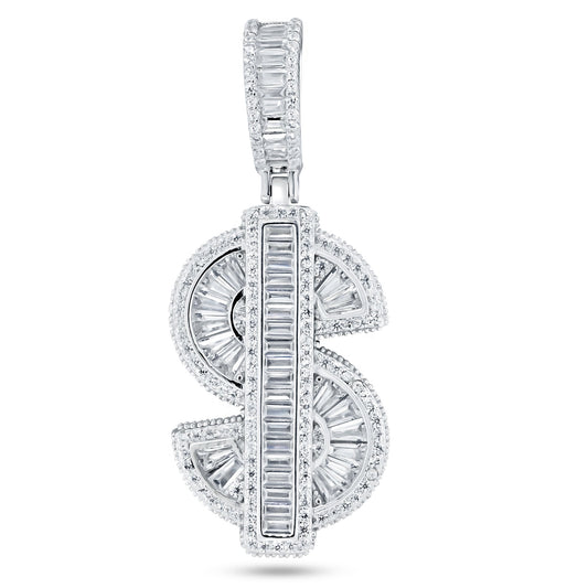 Rhodium Plated 925 Sterling Silver Baguette CZ Dollar Sign Pendant - SLP00295