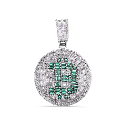 Rhodium Plated 925 Sterling Silver Bitcoin Cryptocurrency Green Baguette and Clear CZ 31.5mm Pendant - SLP00436