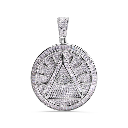 Rhodium Plated 925 Sterling Silver Round Illuminati Eye Baguette and Round CZ Pendant - SLP00438