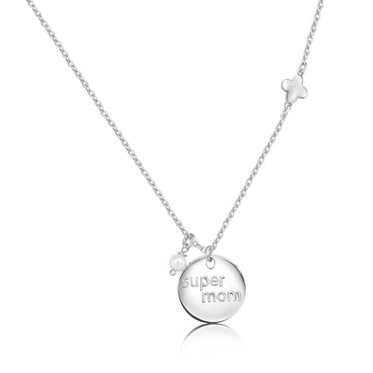 Rhodium Plated 925 Sterling Silver Super Mom Four Leaf Clover and Pearl Necklace Pendant - SOP00179