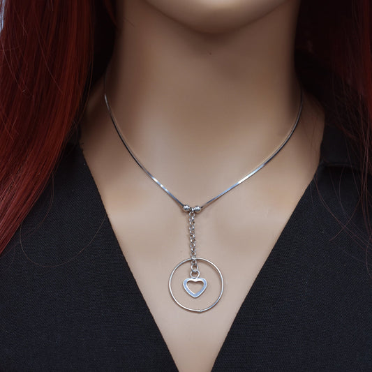 Rhodium Plated 925 Sterling Silver Cut Out Dangle Heart Necklace - SPN00028