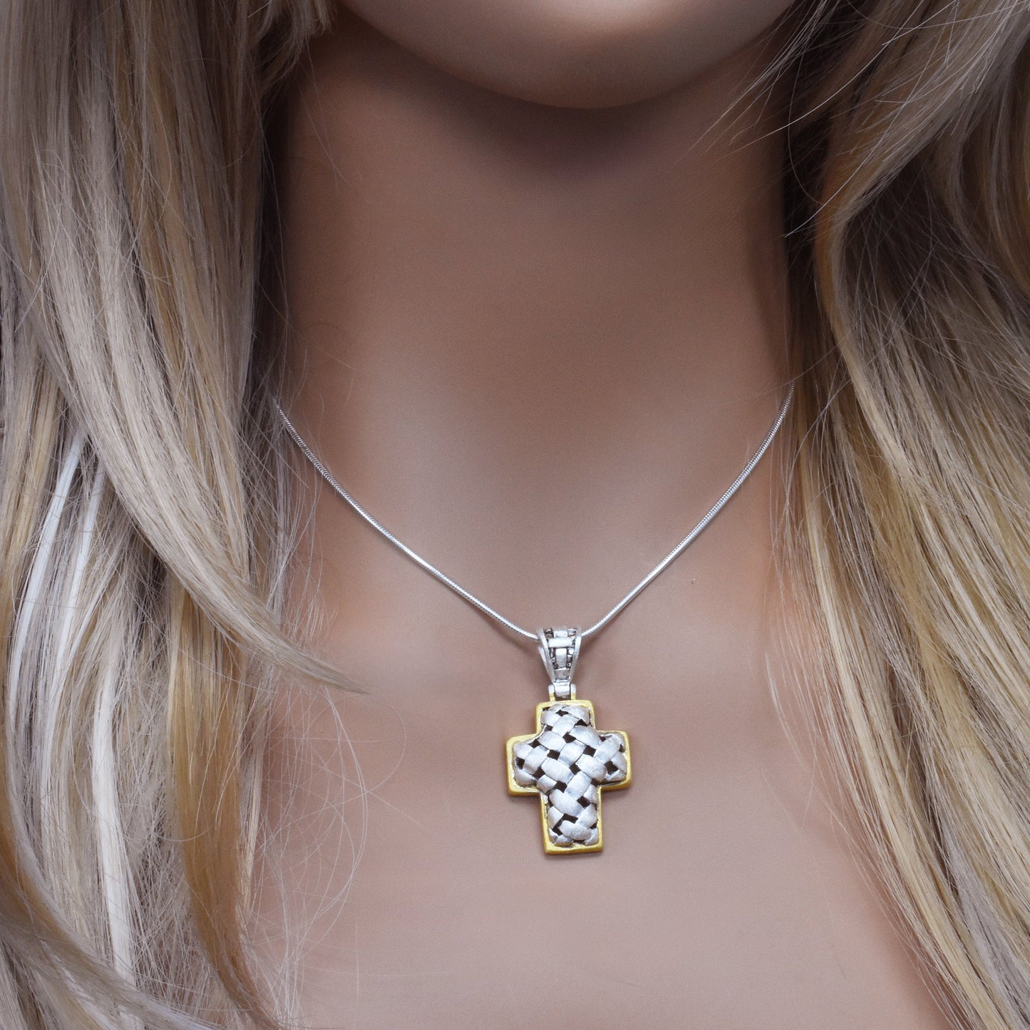 Clearance-Sterling Silver Matte Finish 2 Tone Basket Cross -SPP00036