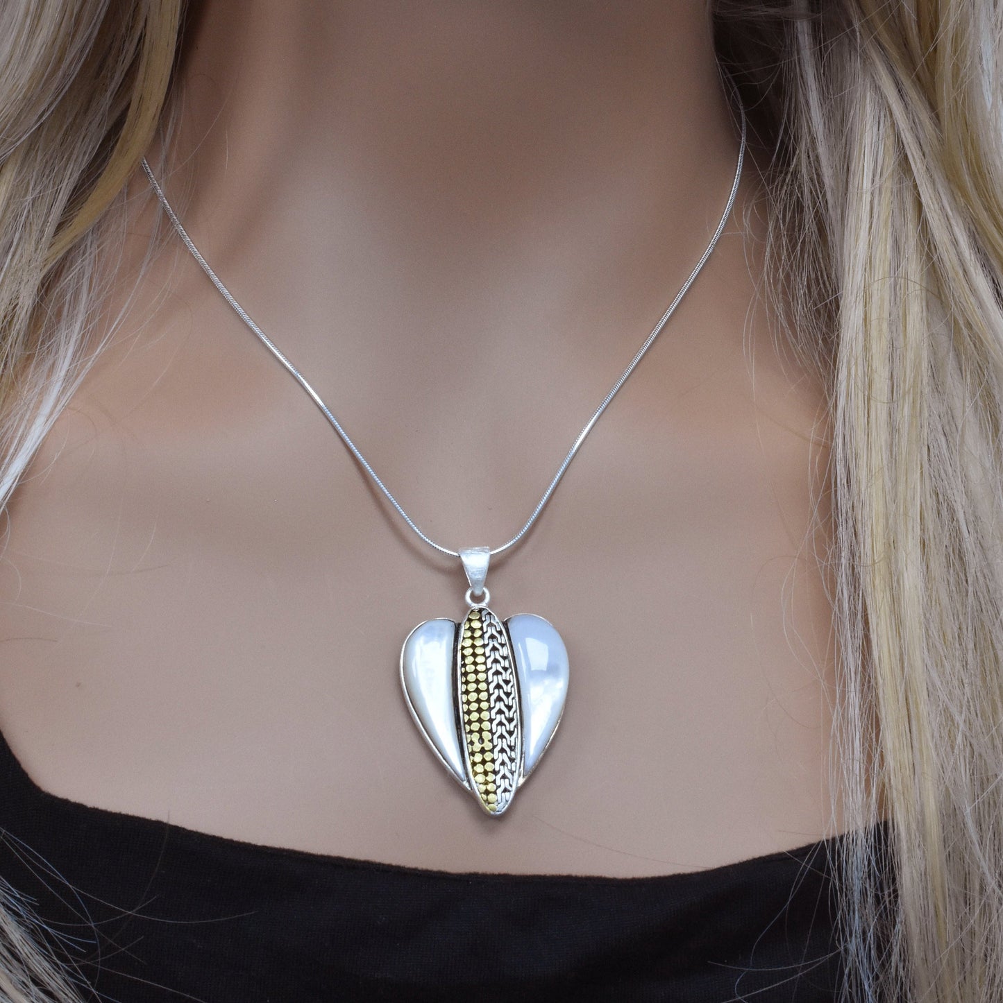Clearance-Sterling Silver 2 Tone Mother of Pearl Heart Pendant - SPP00043