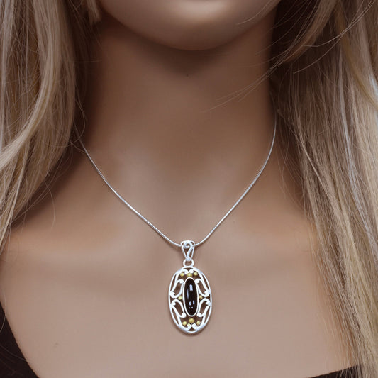 Clearance-Sterling Silver Two Tone And Onyx Oval Pendant - SPP00053