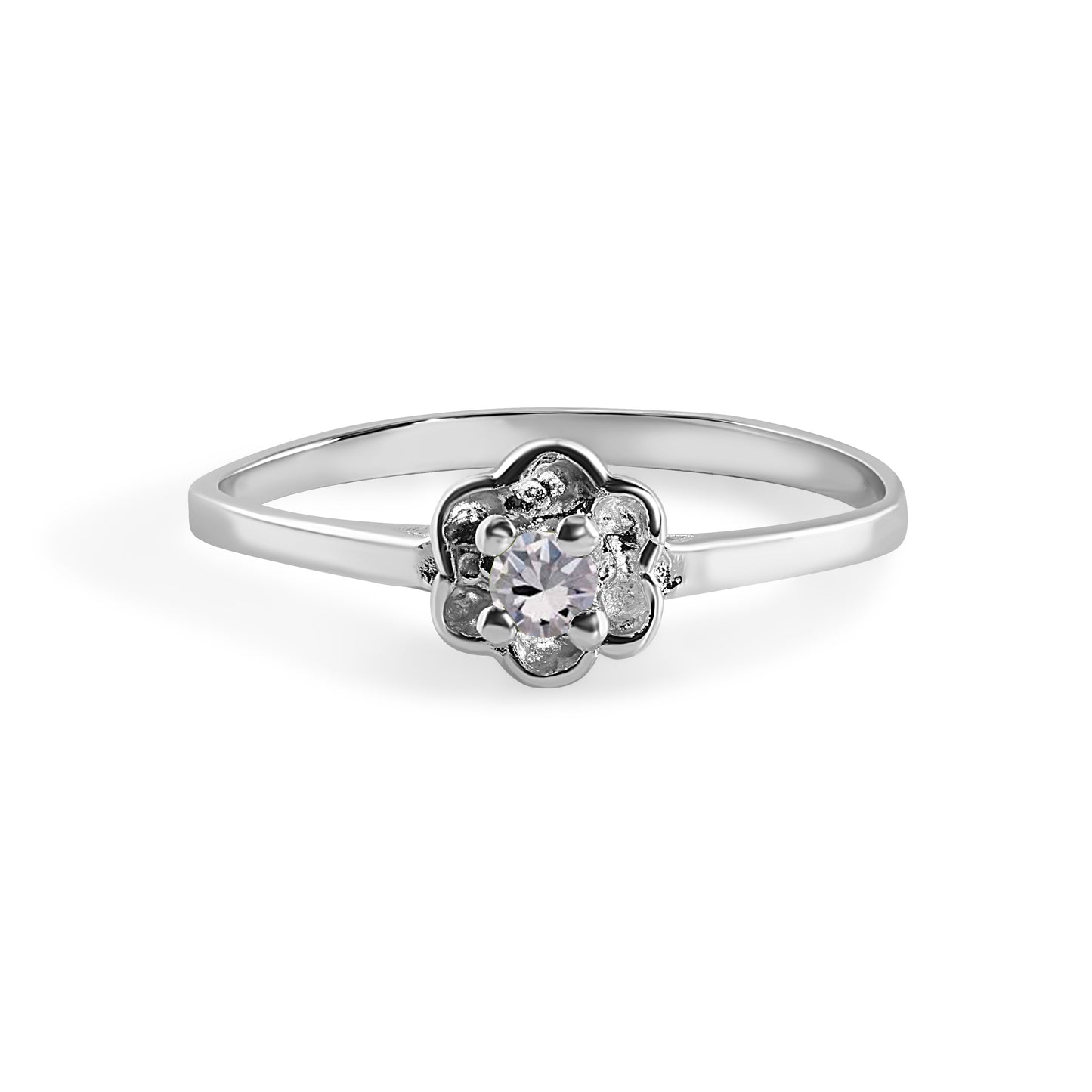 Rhodium Plated 925 Sterling Silver Dainty Birthstone Flower Ring- SPR00004