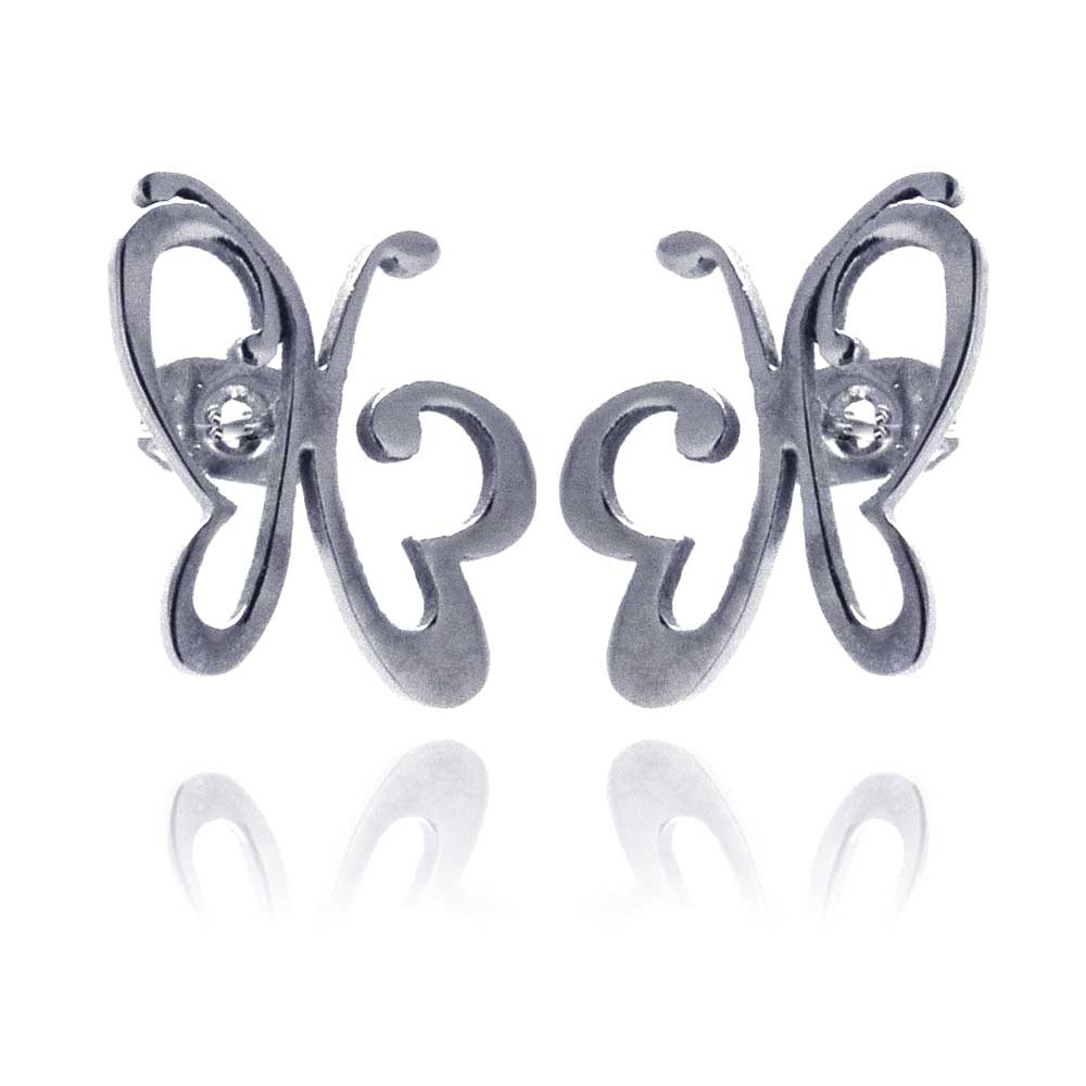 Rhodium Plated Stainless Steel Butterfly Stud Earrings - SSE00019