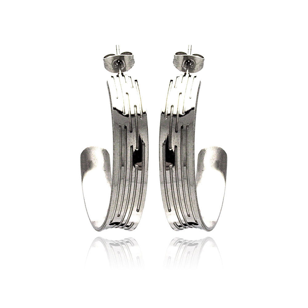 Rhodium Plated Stainless Steel Multi Lined Semi Hoop Earrings - SSE00038