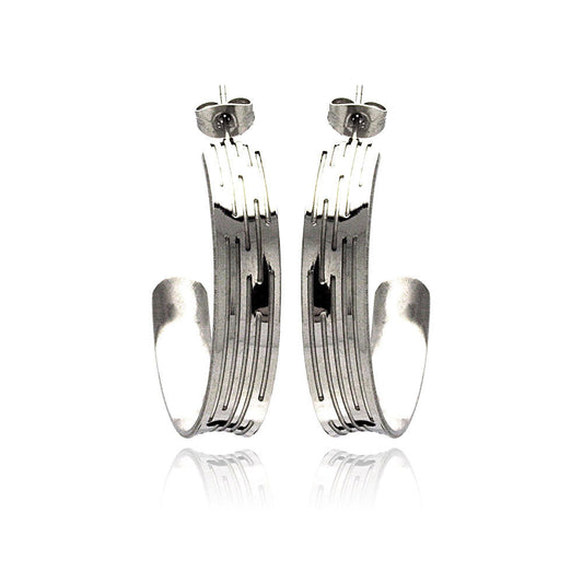 Rhodium Plated Stainless Steel Multi Lined Semi Hoop Earrings - SSE00038