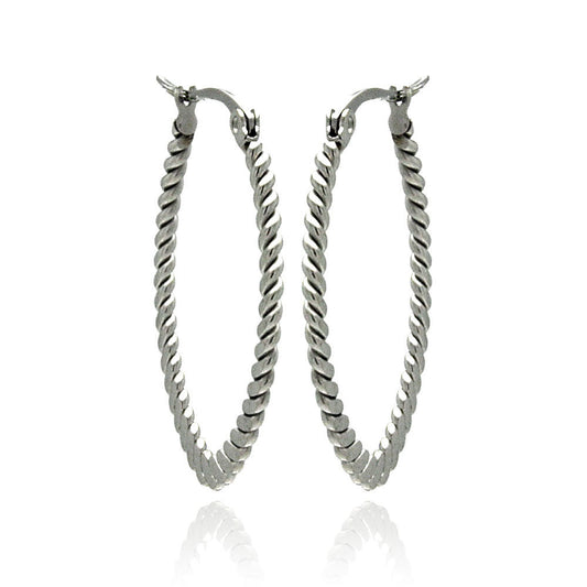 Rhodium Plated Stainless Steel Flat Oval Rope Hoop Earrings - SSE0003-30