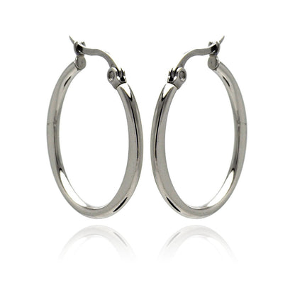 Rhodium Plated Stainless Steel Plain Flat Hoop Earrings - SSE00044