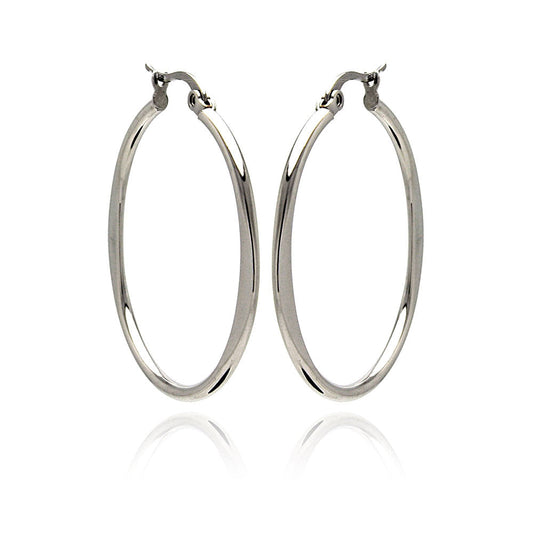 Rhodium Plated Stainless Steel Plain Flat Hoop Earrings - SSE00044