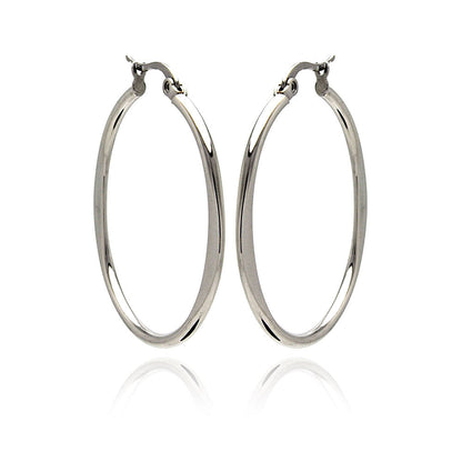 Rhodium Plated Stainless Steel Plain Flat Hoop Earrings - SSE00044