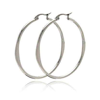 Rhodium Plated Stainless Steel Plain Flat Hoop Earrings - SSE00044