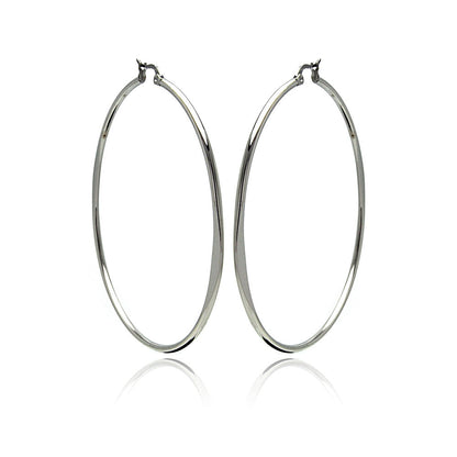 Rhodium Plated Stainless Steel Plain Flat Hoop Earrings - SSE00044
