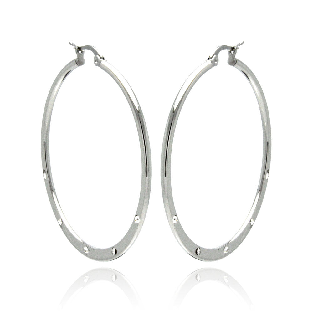 Rhodium Plated Stainless Steel 5 Cubic Zirconia Hoops Earrings - SSE00065