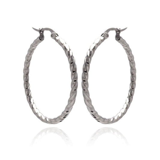 Rhodium Plated Stainless Steel Twisted Hoop Earrings - SSE00068