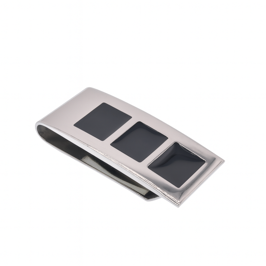 Rhodium Plated Stainless Steel Three Black Enamel Squares 22mmx48mm Money Clip- SSM00003
