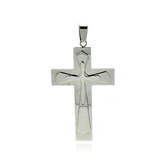 Rhodium Plated Stainless Steel Large Triple Prayer Cross Pendant - SSP00184