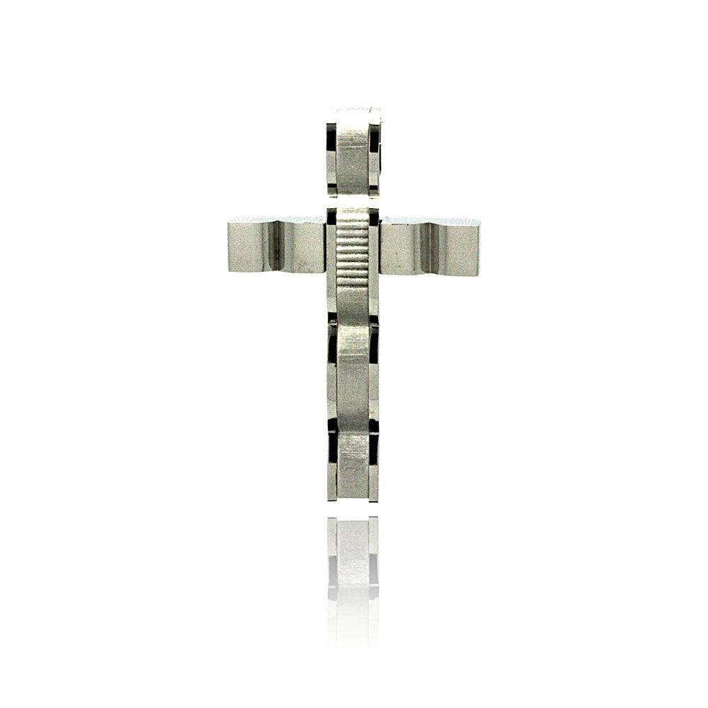 Rhodium Plated Stainless Steel Multi Texture Cross Pendant - SSP00191