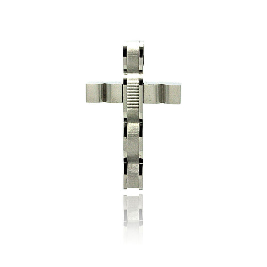 Rhodium Plated Stainless Steel Multi Texture Cross Pendant - SSP00191
