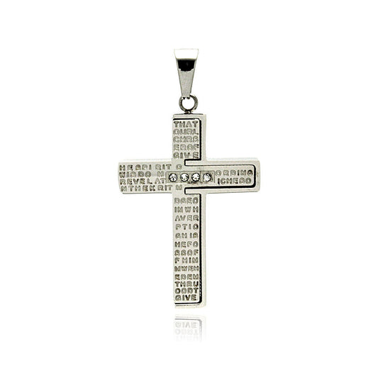 Rhodium Plated Stainless Steel Bible Verse CZ Cross Pendant - SSP00202