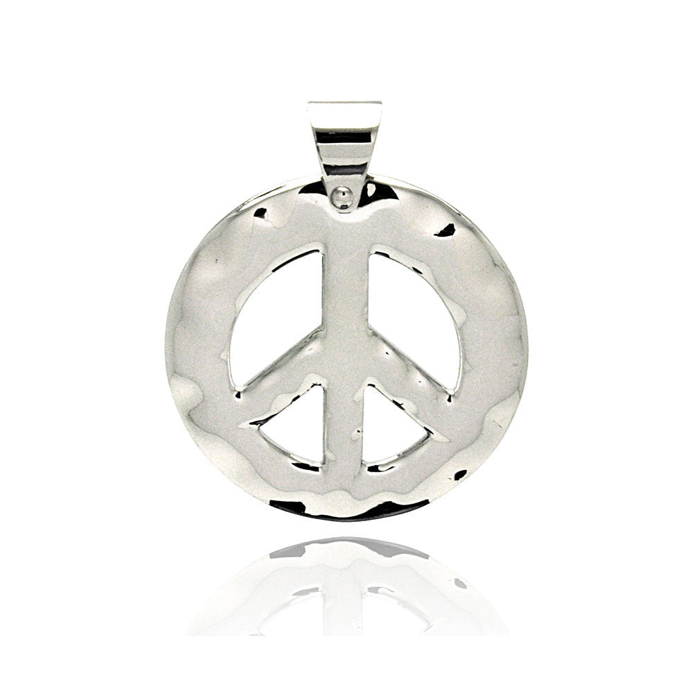 Rhodium Plated Stainless Steel Hammered Peace Sign Pendant - SSP00203