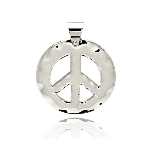 Rhodium Plated Stainless Steel Hammered Peace Sign Pendant - SSP00203