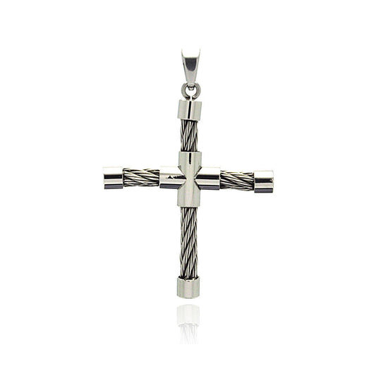 Rhodium Plated Stainless Steel Cable Cross Pendant - SSP00204