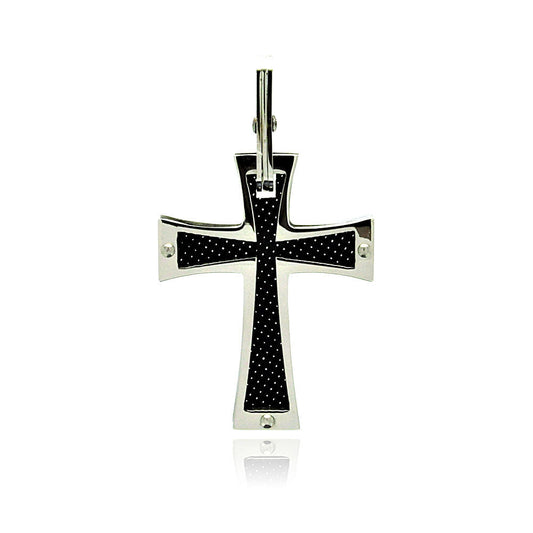 Rhodium Plated Stainless Steel Carbon Fiber Checkered Cross Pendant - SSP00206