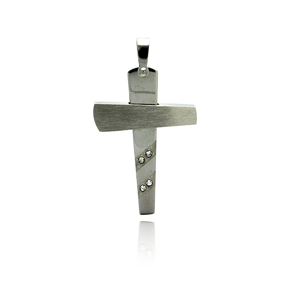 Rhodium Plated Stainless Steel Striped CZ Cross Pendant - SSP00224