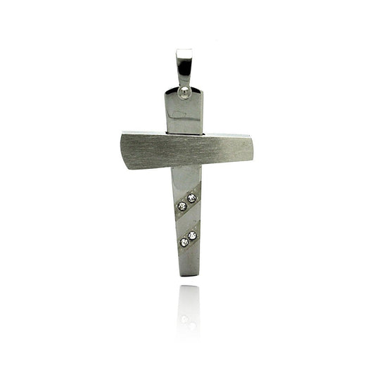 Rhodium Plated Stainless Steel Striped CZ Cross Pendant - SSP00224