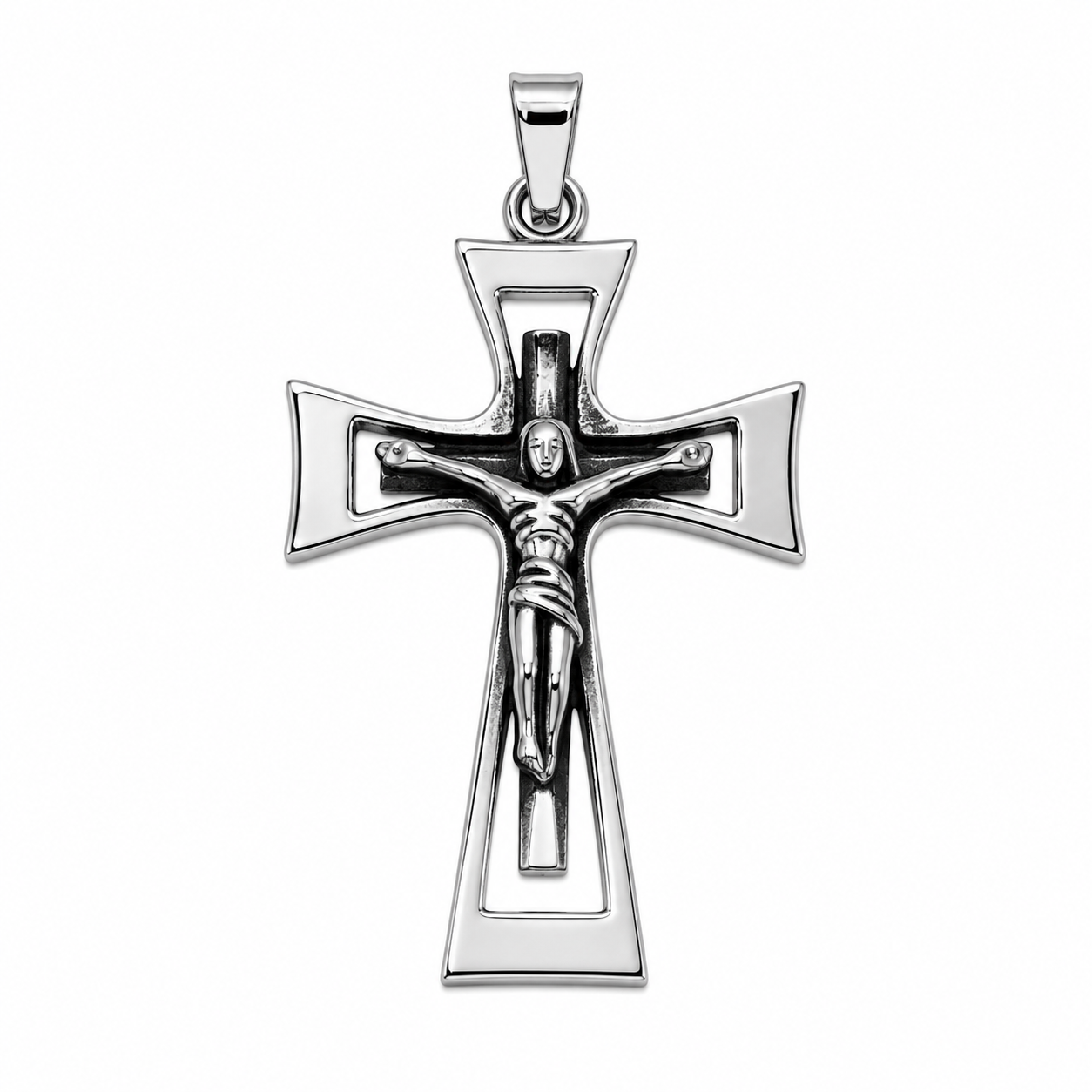 Rhodium Plated Stainless Cruciifx Cross Pendant - SSP00398