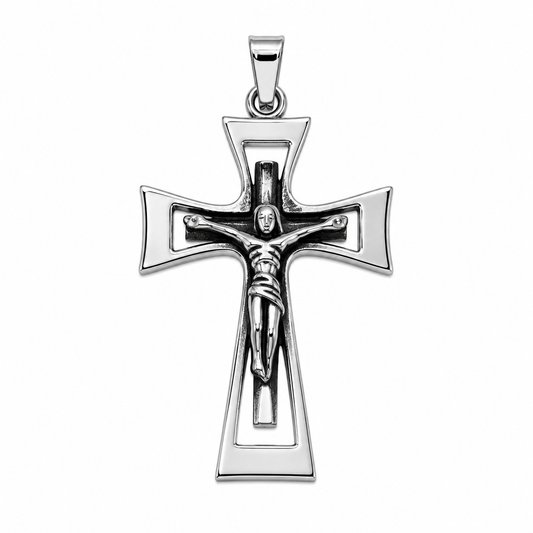 Rhodium Plated Stainless Cruciifx Cross Pendant - SSP00398