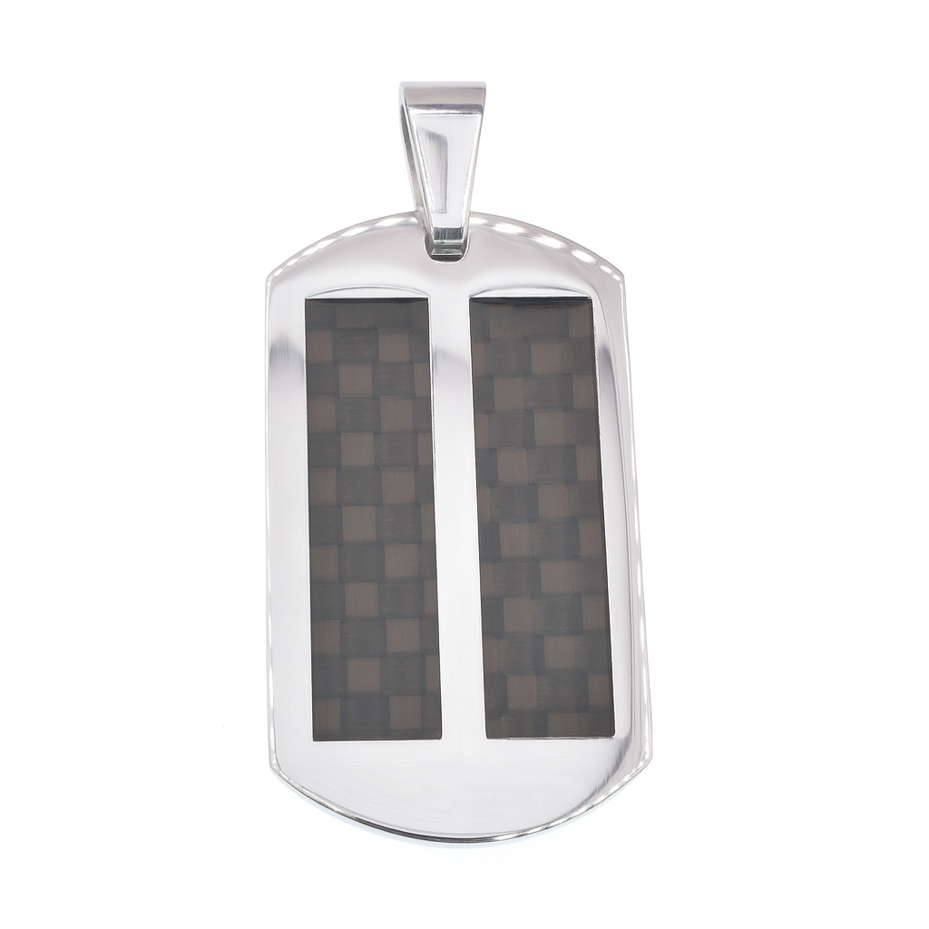 Rhodium Plated Stainless Steel Double Row Carbon Fiber Dog Tag Pendant - SSP00526