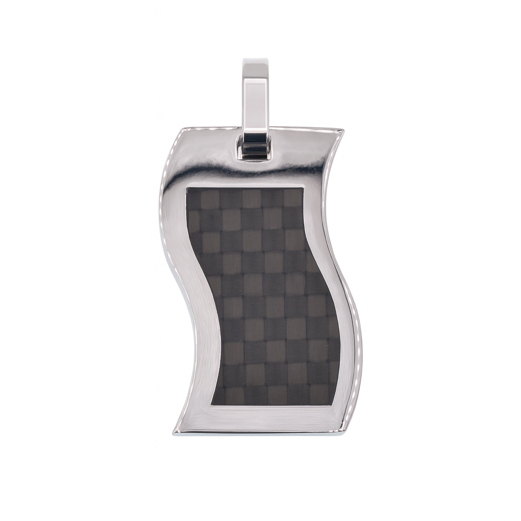 Rhodium Plated Stainless Steel Carbon Fiber Waved Pendant - SSP00532