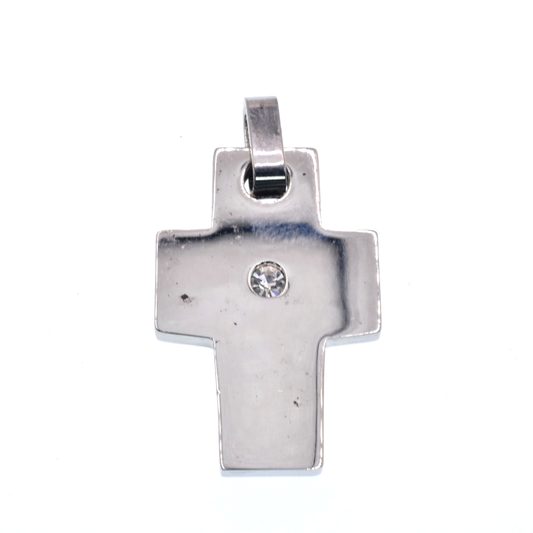 Rhodium Plated Stainless Steel  Center CZ Thick Cross Pendant - SSP00546
