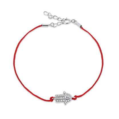 Rhodium Plated 925 Sterling Silver Hamsa Hand CZ Red Cord Bracelet - STB00595