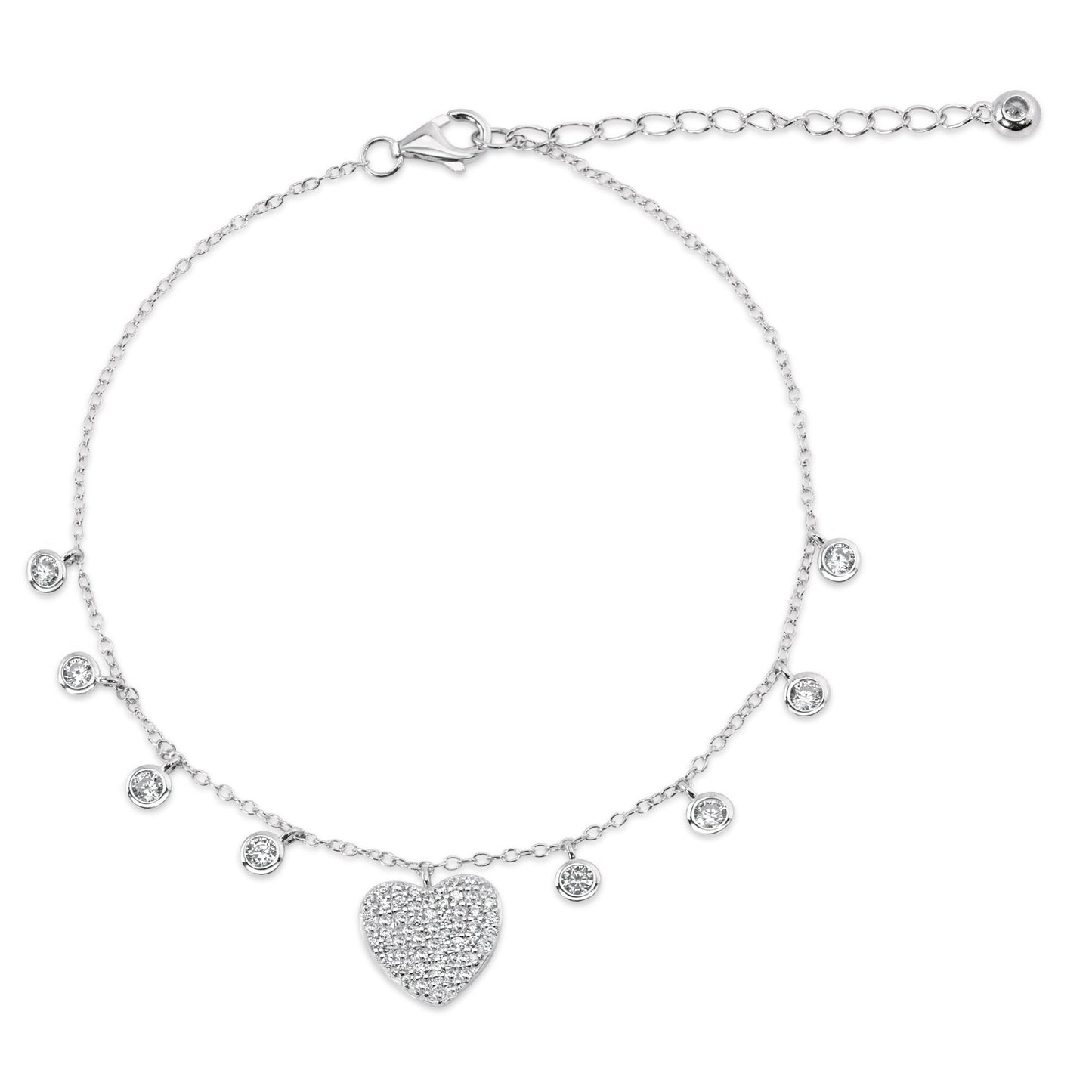 Rhodium Plated 925 Sterling Silver Heart and Round Dangling Charm Bracelet - STB00625