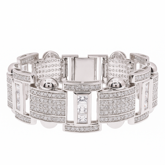 Men's Rhodium Plated 925 Sterling Silver Link Clear Square and Round CZ Studded 20mm Bracelet - STBM00041-9