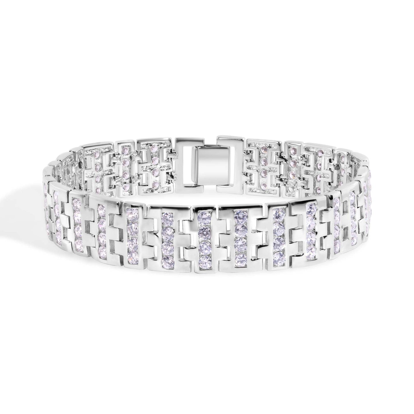 Men's Rhodium Plated 925 Sterling Silver Interlocking Clear Square CZ Studded 15mm Bracelet - STBM00002