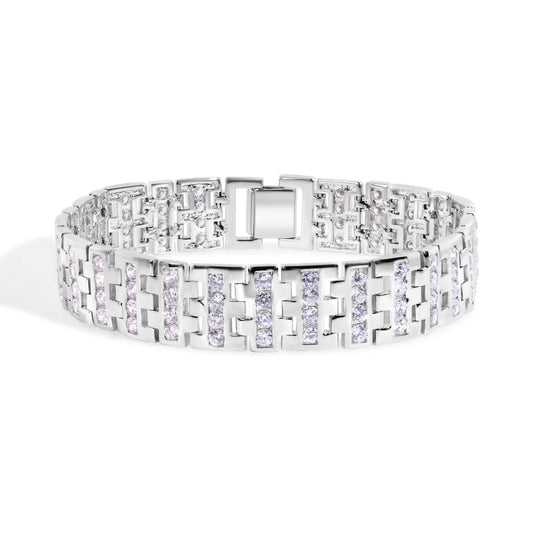 Men's Rhodium Plated 925 Sterling Silver Interlocking Clear Square CZ Studded 15mm Bracelet - STBM00002