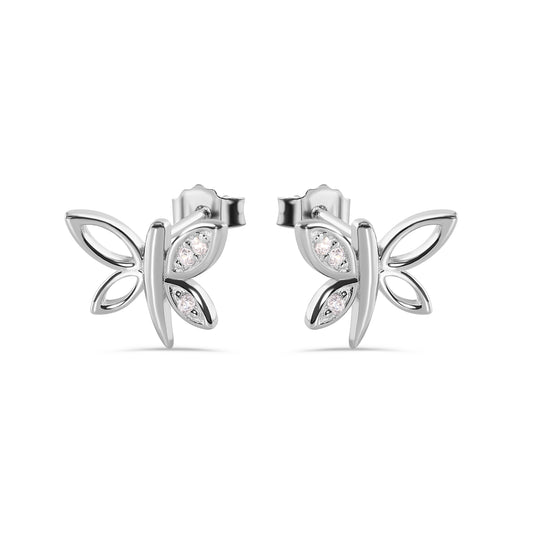 Silver 925 Rhodium Plated Dragonfly Butterfly CZ Stud Earrings - STE00457